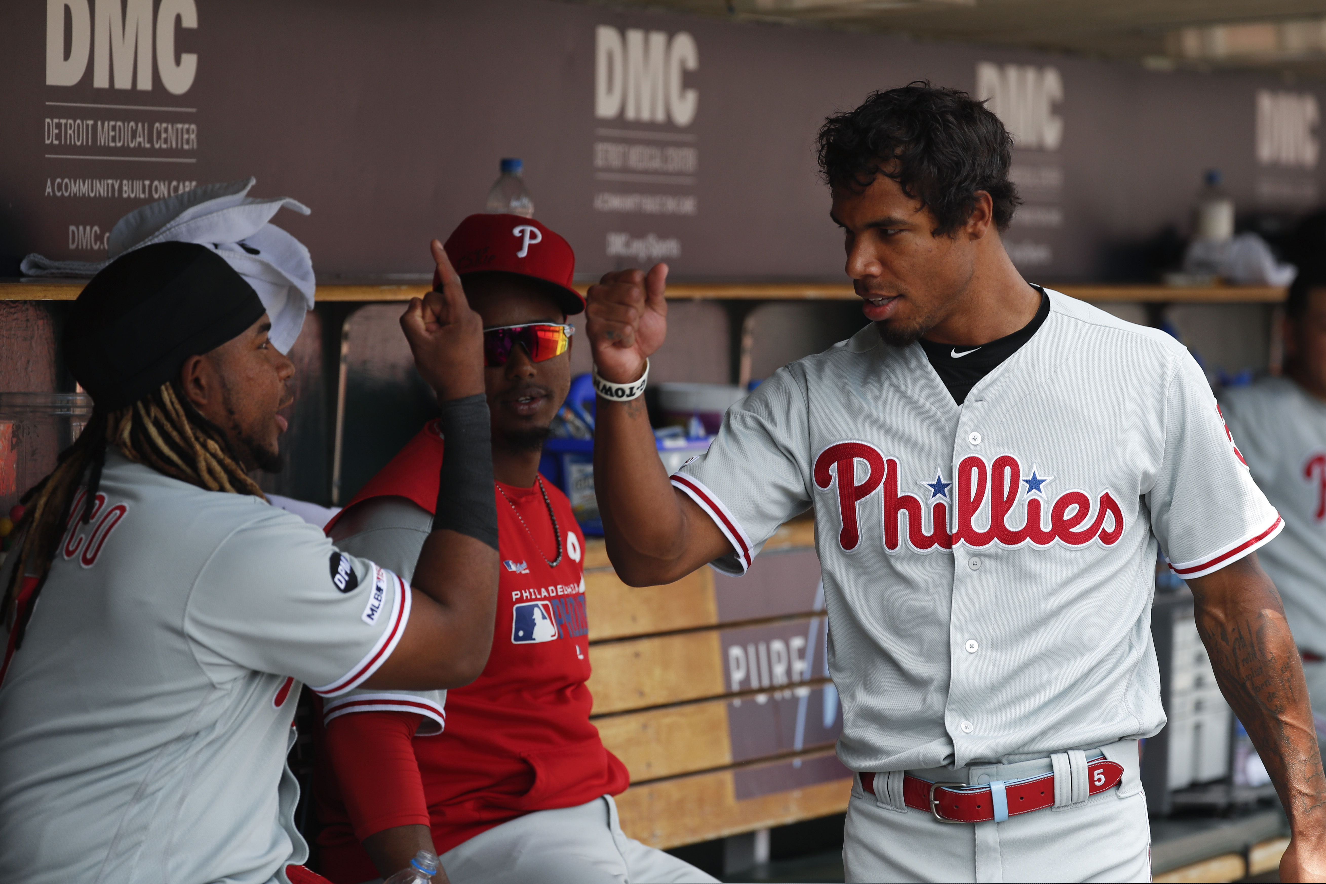 Nick Williams celebrates his solo home run with Maikel Franco in the fifth inning.