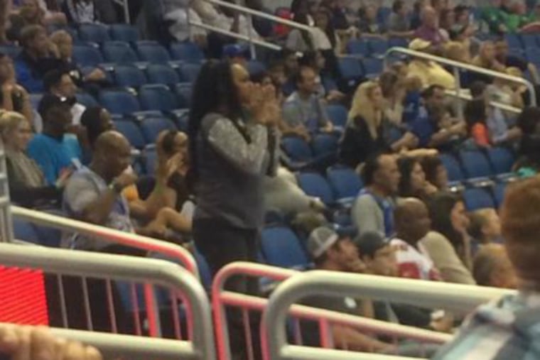 ESPNU's Jordan Eichenblatt tweets a photo of Sixer K.J. McDaniels' mom, Shawn Chapman McDaniels, cheering on her son at Sunday's game in Orlando.