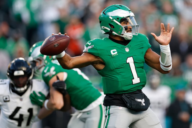 Eagles quarterback Jalen Hurts passes during the first quarter against the Jacksonville Jaguars at Lincoln Financial Field.