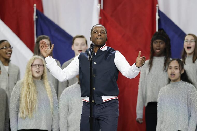 Leslie Odom Jr. performs "America the Beautiful" before the Eagles played New England Patriots in Super Bowl LII on Sunday, February 4, 2018 in Minneapolis.