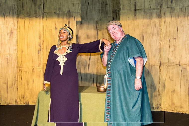 Brittany Fauzer as Cleopatra and Ken Wilson as Messenger in Shakespeara-palooza, an original play by Manayunk resident Judy Van Buskirk that is the inaugural production of Old Academy Players' 100th season.