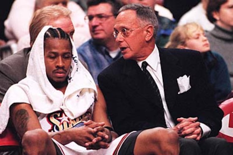 Coach Larry Brown (right) and star guard Allen Iverson went to the NBA Finals after winning Game 7 win over the Bucks in 2001.