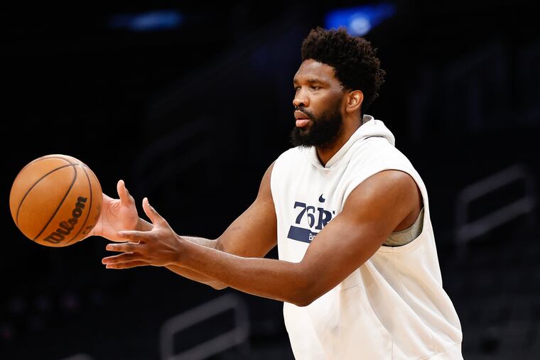 Sixers center Joel Embiid goes through shootaround before Game 2 of the Eastern Conference semifinal playoffs against Boston on Wednesday.