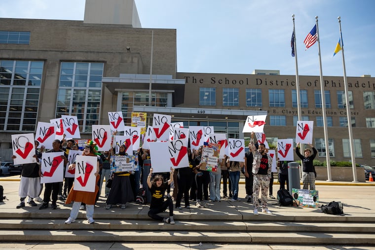 Students and staff at Lankenau Environmental High School rally outside the School District of Philadelphia headquarters before the school board meeting on Thursday, April 23, 2026.