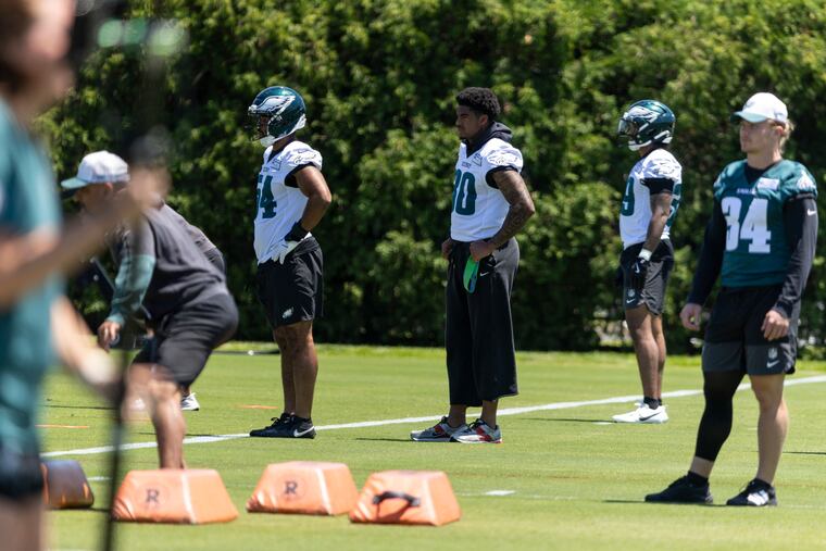 Campbell (then wearing number 30) watched drills during OTAs and minicamp while recovering from shoulder surgery.