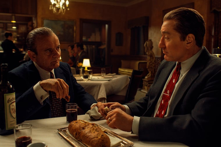 This image released by Netflix shows Joe Pesci, left, and Robert De Niro in a scene from "The Irishman," directed by Martin Scorsese.