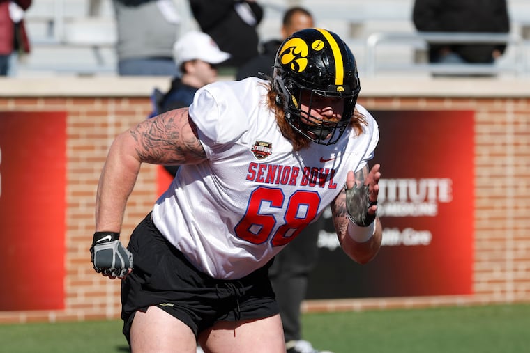 Iowa offensive lineman Gennings Dunker (68) turned heads at Senior Bowl practices.