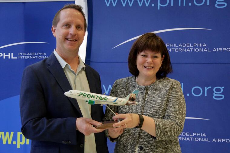 Frontier Airlines vice president Josh Flyr announces a new daily flight to San Juan, Puerto Rico from PHL with Philadelphia airport CEO Chellie Cameron. It will be Frontier's 18th nonstop destination from Philadelphia International Airport this summer.