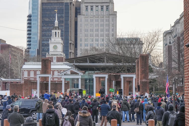 Philadelphia Lawyer Michael Coard speaks at a rally at the President's House Site in response to the removal of the President's House exhibit in Old City, in Philadelphia.