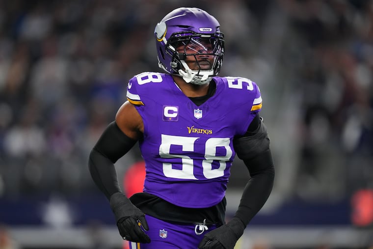 Minnesota Vikings linebacker Jonathan Greenard (58) rushes off the field during an NFL football game between the Dallas Cowboys and the Minnesota Vikings Sunday, Dec. 14, 2025, in Arlington, Texas.