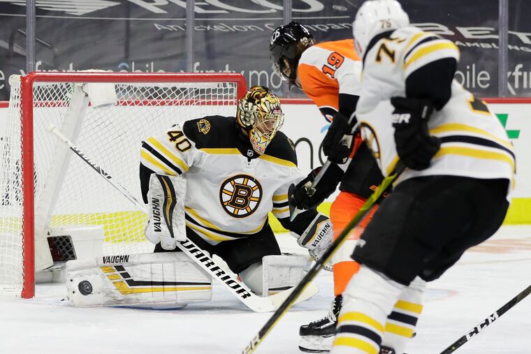 Boston Bruins goaltender Tuukka Rask stops Nolan Patrick's shot on Feb. 5. The Bruins scored two late goals to rally past the Flyers, 2-1.