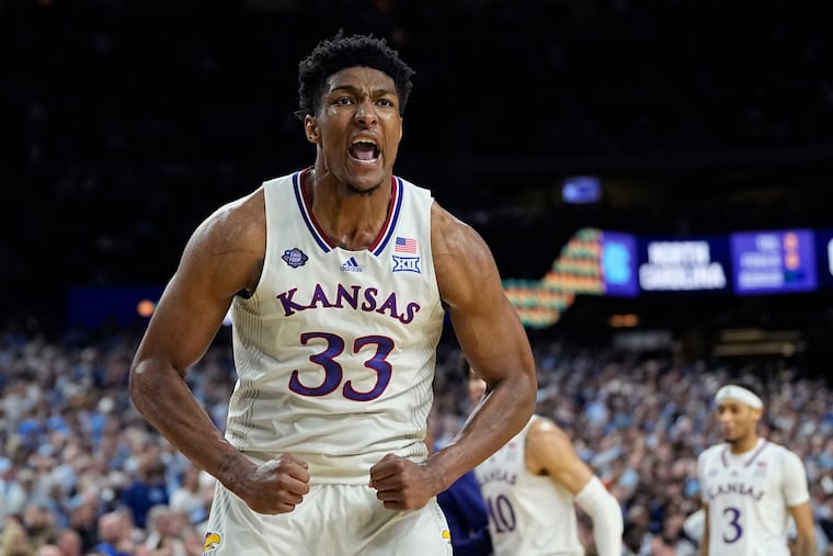 Kansas forward David McCormack celebrates after scoring against North Carolina during the second half of Monday night's national-championship game.