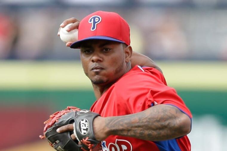 Michael Martinez in action during an exhibition spring training baseball game against the Houston Astros, Saturday, Feb. 23, 2013, in Clearwater, in Fla. (AP Photo/Matt Slocum)