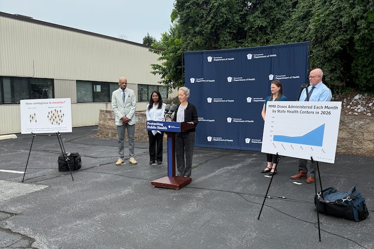 Pennsylvania health secretary Debra Bogen speaks to the media at a press conference on the state's measles response Friday.