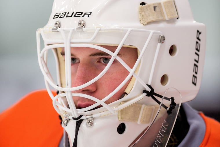Carter Hart has worked with a sports psychologist since he was in grade school. He credits his reflexes and calm demeanor in goal to the sessions.