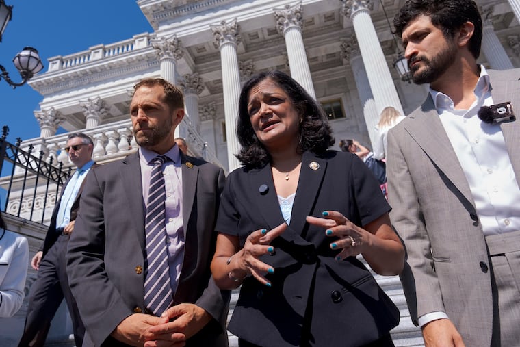 From left, Rep. Jason Crow (D., Colo.), Rep. Pramila Jayapal (D., Wash.), and Rep. Greg Casar (D., Texas) talk to reporters Thursday after the House narrowly passed a resolution to halt U.S. military action in Iran.