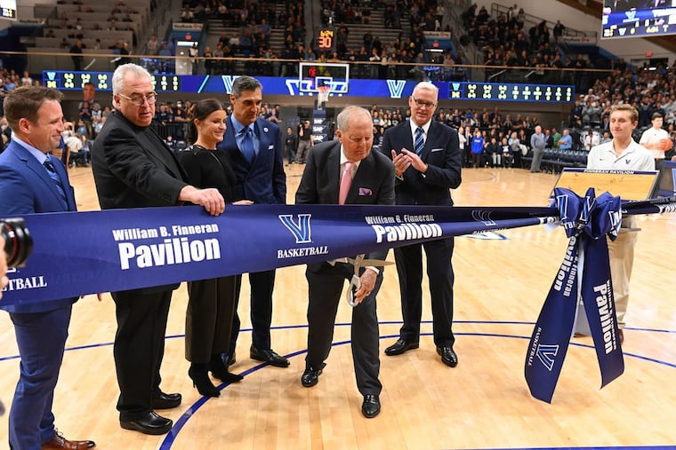 Pictured (left to right): Mark Jackson, Villanova University director of athletics; the Rev. Peter M. Donohue, university president; Patricia Wright; Jay Wright, head men's basketball coach; William B. Finneran; Michael O'Neill, Villanova senior vice president, at 2018 dedication of the William B. Finneran Pavilion.