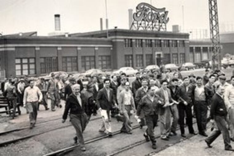 May 10, 1949: Workers head home from the Ford plant in Chester. In its heyday, the city was an industrial, social and business hub.