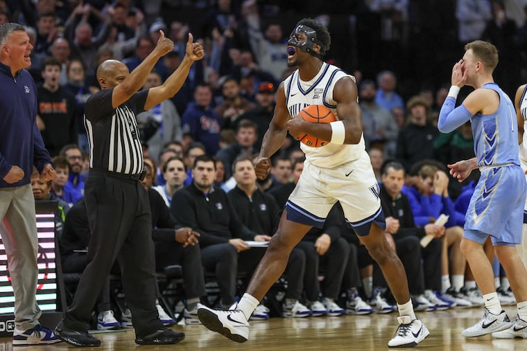 Villanova guard TJ Bamba during a game against Creighton on March 9 at the Wells Fargo Center. Bamba played through a facial fracture that forced him to wear a mask during the final six games of the season.