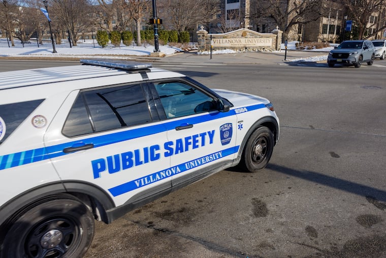 Villanova Safety officer vehicle driving along Lancaster Avenue near university campus, Thursday, Jan. 22, 2026. The school was shutdown Thursday morning after an alleged threat.