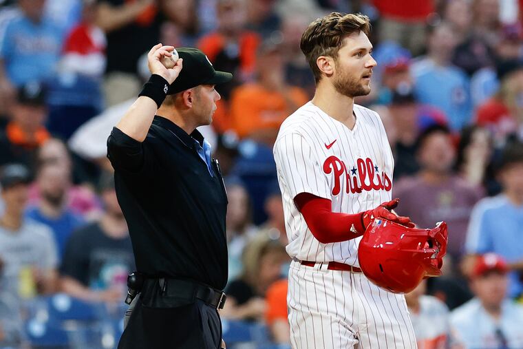 Trea Turner tosses his helmet arguing a strike with home plate umpire Will Little against the Orioles on Monday.