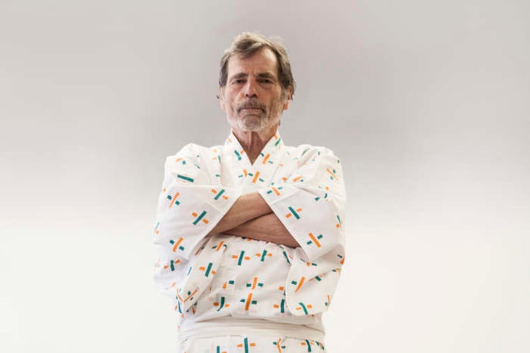 Artist Richard Tuttle in the men's version of the yukata he designed at the Fabric Workshop.
