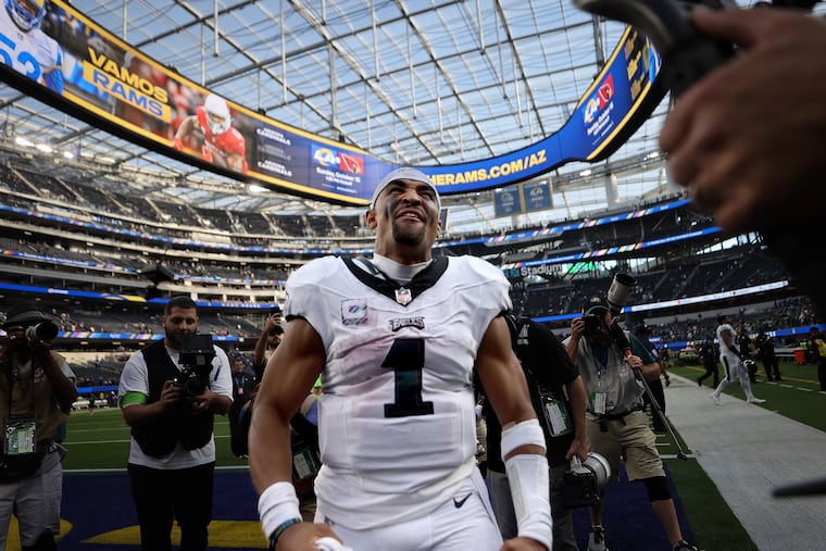 Philadelphia Eagles quarterback Jalen Hurts celebrates the Birds' Week 5 win over the Rams. This week, they'll be on the road again, facing the Jets at MetLife Stadium.