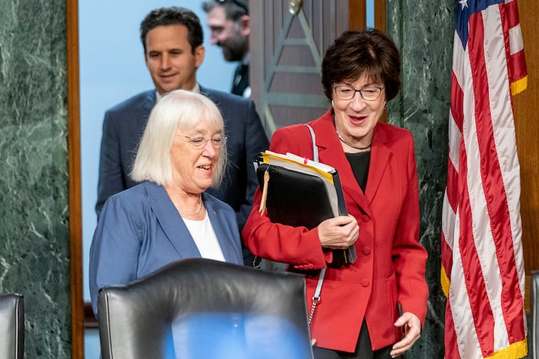 Chair Sen. Patty Murray (D., Wash.) and Vice Chair Sen. Susan Collins (R., Maine) arrive for a Senate Appropriations hearing, on Capitol Hill in Washington, May 16, 2023. They have introduced a provision in the Senate's proposed budget bill that would block a rule change on federal grants.