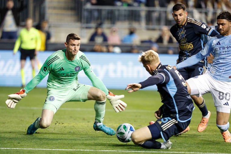 The Union’s Jakob Glesnes cannot get the ball past New York City FC goalkeeper Matt Freese during the first half Sunday in Chester.