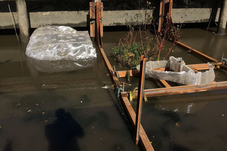 A post-Halloween squall severely damaged "Abu," the floating sculpture by artist Miguel Horn that depicts his father's head, leaving the head on its side, severed from its base at the chin and stuck in the mud of the boat basin outside Independence Seaport Museum.