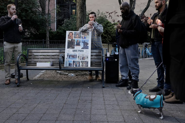 Community members and friends gather for a vigil for Eric Pope at Kahn Park in Philadelphia on Wednesday. Pope was allegedly punched and killed by a bouncer outside Tabu Bar last week.