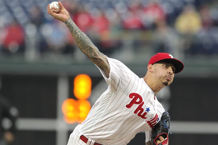 Vince Velasquez of the Phillies pitches against the Braves on May 22, 2018.
