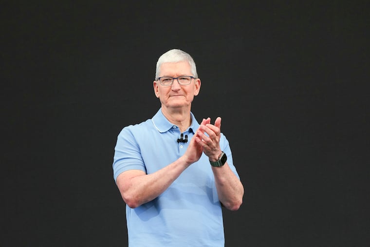 FILE — Tim Cook, Apple’s chief executive, speaks during Apple's annual developers conference at the company's headquarters in Cupertino, Calif., June 5, 2023. The White House distributed a list on Monday, May 11, 2026, of business leaders who are scheduled to be in Beijing with President Donald Trump.