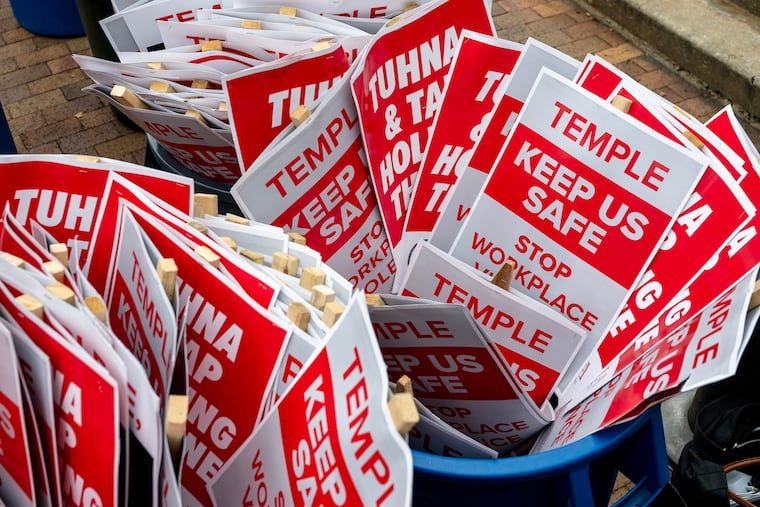 Picket signs outside Temple University Hospital on North Broad Street in September as the Pennsylvania Association of Staff Nurses and Allied Professionals, which represents the health system’s nurses and techs, held a protest amid negotiations for a new three-year contract.