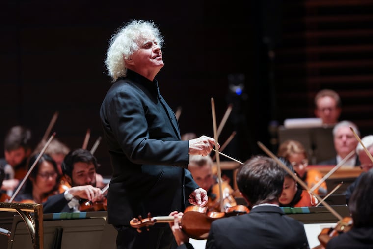 Simon Rattle conducts the Bavarian Radio Symphony Orchestra at Verizon Hall at the Kimmel Center in Philadelphia on May 1, 2024.