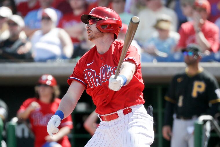 The Phillies' Kyle Garlick bats against the Pittsburgh Pirates in a spring training game at Spectrum Field in Clearwater, Fla. on Feb. 23.