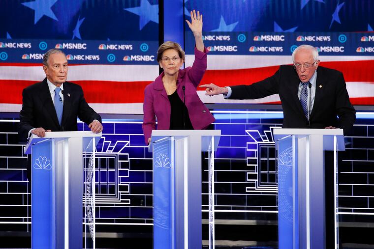 From left, Democratic presidential candidates, former New York City Mayor Mike Bloomberg, Sen. Elizabeth Warren, D-Mass., Sen. Bernie Sanders, I-Vt., participate in a Democratic presidential primary debate Wednesday, Feb. 19, 2020, in Las Vegas, hosted by NBC News and MSNBC.