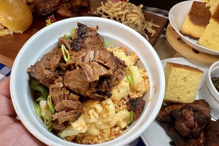 BBQ smoked beef brisket burnt ends atop mac and cheese from JuneBug.