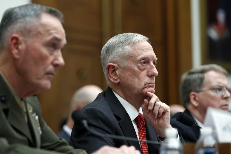 Joint Chiefs Chairman Gen. Joseph Dunford (left), Defense Secretary Jim Mattis, and Defense Under Secretary David Norquist at a House Armed Services Committee hearing.
