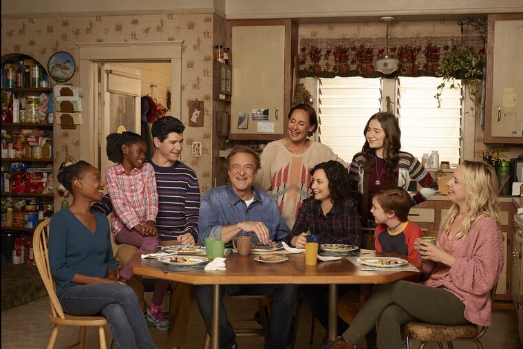 ABC's post-"Roseanne" show "The Conners," premiering Tuesday, stars (from left): Maya Lynne Robinson, Jayden Rey, Michael Fishman, John Goodman, Laurie Metcalf, Sara Gilbert, Emma Kenney, Ames McNamara, and Lecy Goranson