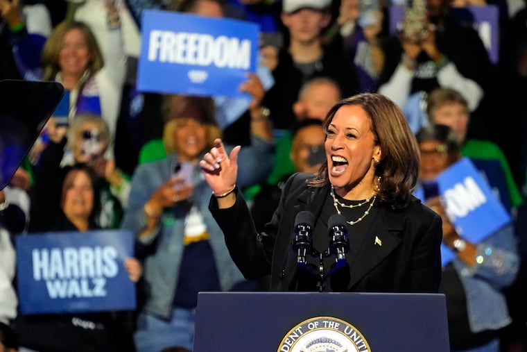 Democratic presidential nominee Vice President Kamala Harris speaks during a campaign rally at Erie Insurance Arena, in Erie, Pa., Monday, Oct. 14, 2024. Harris will campaign in Bucks County Wednesday.