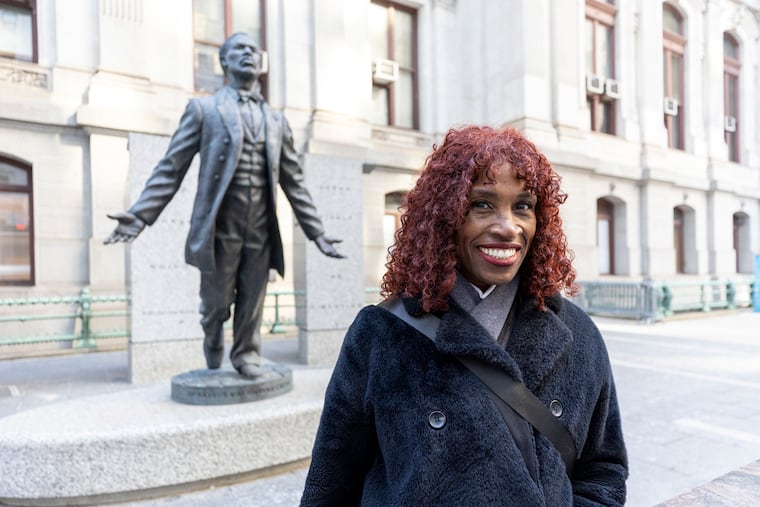 Valerie Gay, chief cultural officer for the City of Philadelphia and executive director for Creative Philadelphia, poses for a portrait outside City Hall.