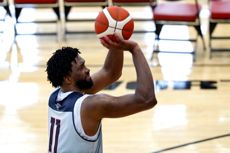 Joel Embiid, of the Philadelphia 76ers, shoots baskets during training camp for the United States men's basketball team Saturday, July 6, 2024, in Las Vegas.