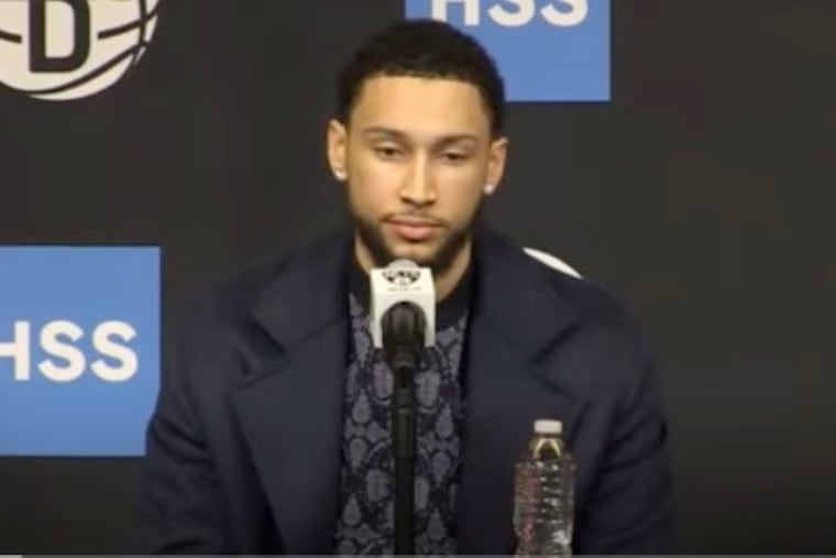 Ben Simmons at his introductory press conference with the Nets on Tuesday.