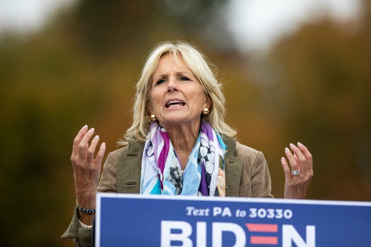 Jill Biden speaks at the podium during a drive-in campaign event at Bucks County Community College on Oct. 24, 2020. Biden is pushing for free access to community college.
