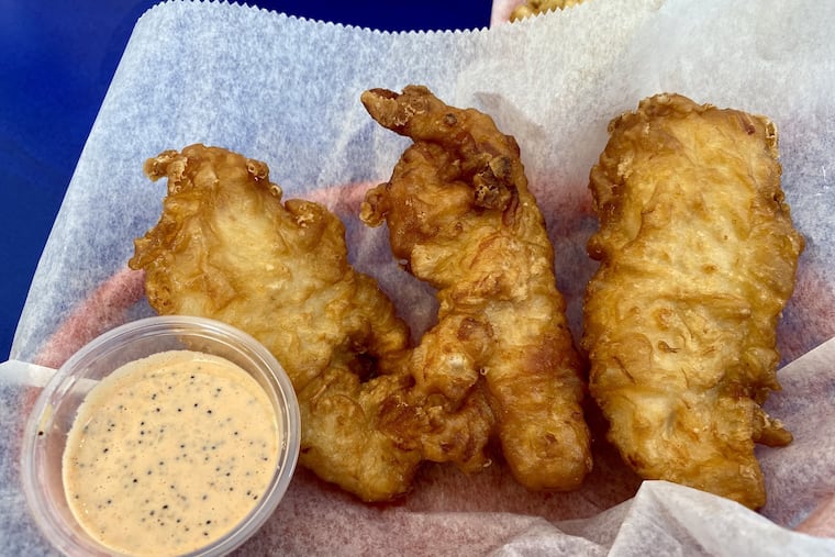 The new twice-fried chicken tenders, with Everything Rooster sauce, from Federal Donuts.