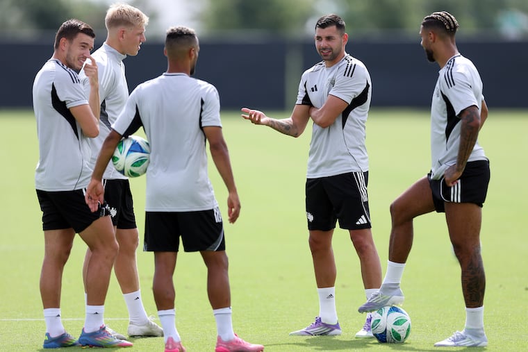 The Union's Tai Baribo (second from right) with Kai Wagner (left), Jakob Glesnes (second from left), and other players at Monday's MLS All-Star Team practice.