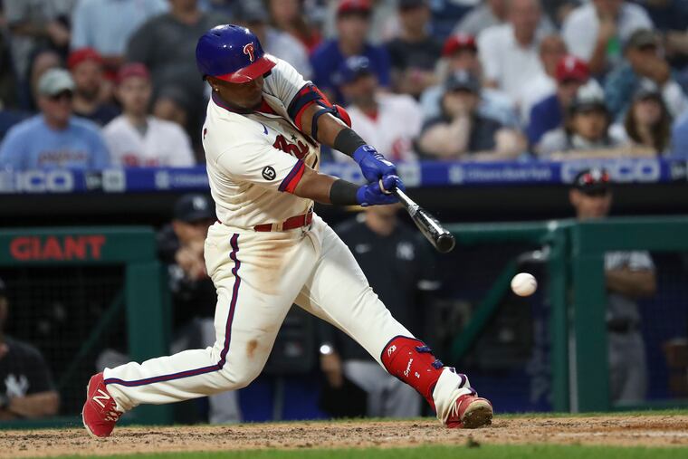The Phillies' Jean Segura hitting against the New York Yankees on Saturday.