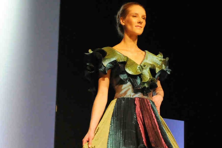 Rachael Crawford's colorful structured gown in taffeta was inspired by the works of Roberto Capucci.