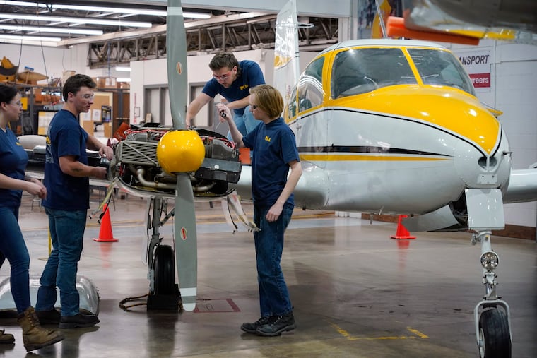 Students at the Pittsburgh Institute of Aeronautics in 2023. Experts predict shortages in the tens or even hundreds of thousands of nurses, physicians, teachers, engineers, pharmacists, mental health counselors, construction workers, and airplane mechanics — jobs AI generally can’t do.